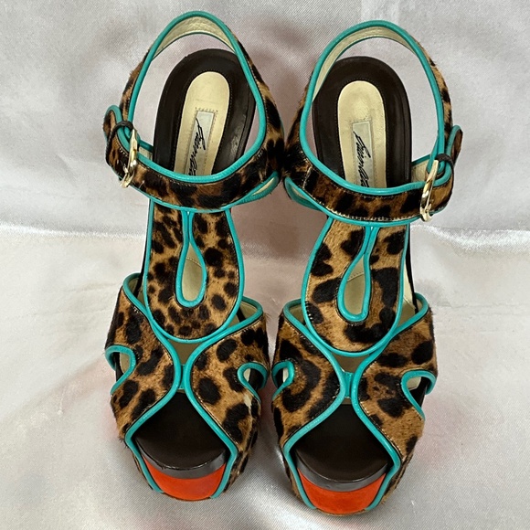 Brian Atwood Leopard Pony Hair Platform Heels Turquoise Trim Size 40 - Picture 1 of 15